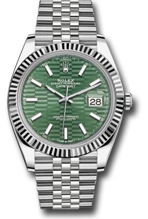 Replica Rolex White Rolesor Datejust 41 Watch 126334 Fluted Bezel Mint Green Fluted Motif Index Dial Jubilee Bracelet